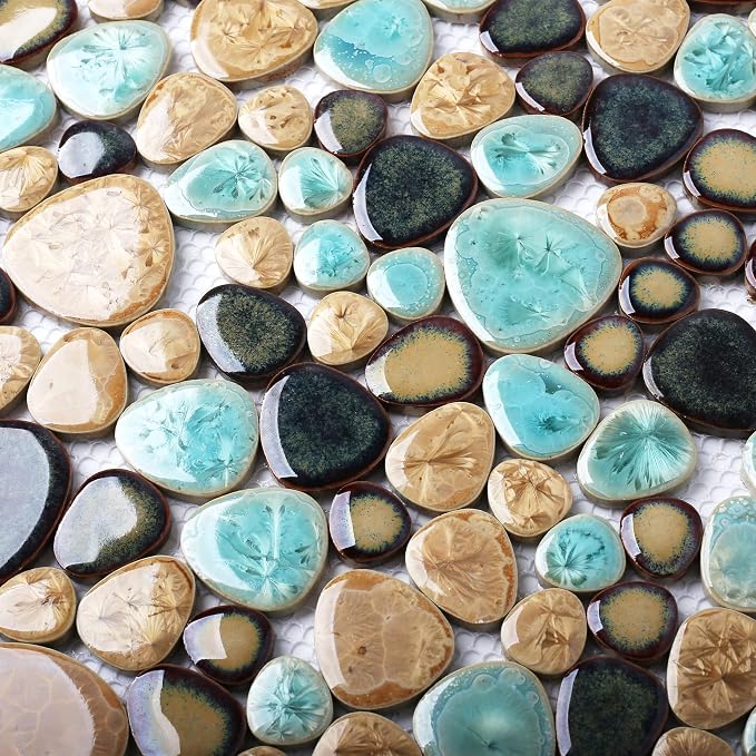 Pebble Porcelain Tile Fambe Turquoise Green Beige Shower Floor Pool Alley Tiles Mosaic TSTGPT005 (5 Square Feet)