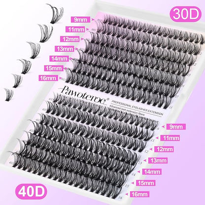 Lash Extension Kit DIY 280pcs Individual Lash Clusters Kit 30D 40D Cluster Eyelash Extensions Kit with Bond and Seal, Remover, Tweezers for Self Use (30D&40D, 9-16mm, All Kit)