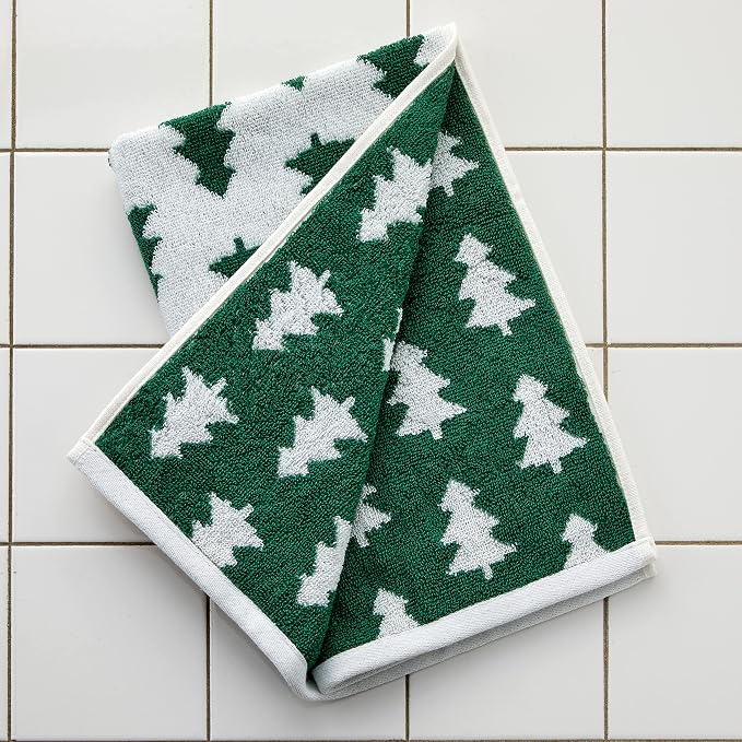 SKL Home Christmas/Winter Holiday Trees Hand Towel Set-2pc, Green/White | 100% Cotton. 500 GSM. Soft & absorbent. Reversible jacquard pattern. Great for the bathroom, kitchen or bar & gifting.