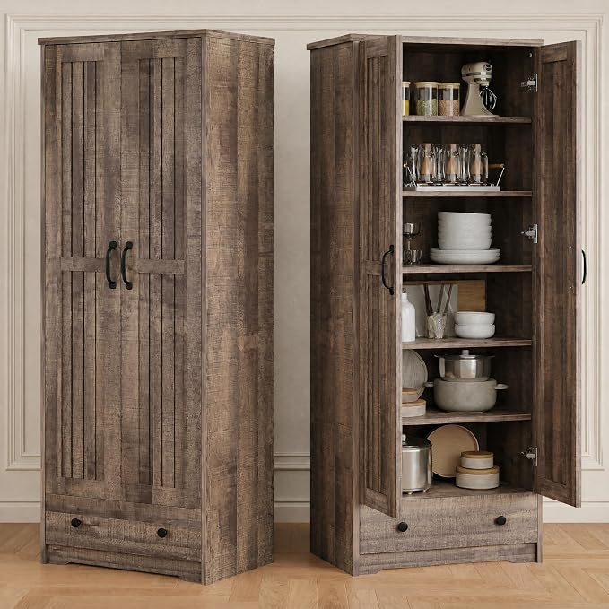 Decofy 70" Tall Storage Cabinets, Large Wood Storage Pantry Cabinet with 6 Adjustable Shelves, 2 Striped Doors & Drawer, Standing Utility Cabinet for Kitchen, Bathroom, Dining Room, Antique (Brown)