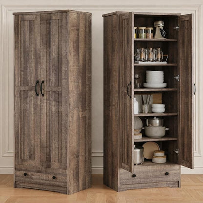 Decofy 70" Tall Storage Cabinets, Large Wood Storage Pantry Cabinet with 6 Adjustable Shelves, 2 Striped Doors & Drawer, Standing Utility Cabinet for Kitchen, Bathroom, Dining Room, Antique (Brown)