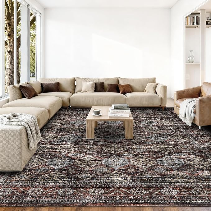 Vintage Floral Rugs 10x13, Washable Soft Non Slip Area Rug for Living Room Bedroom, Low Pile Ultra Thin Retro Accent Floor Carpet for Dining Room Office Playroom, Vintage Red