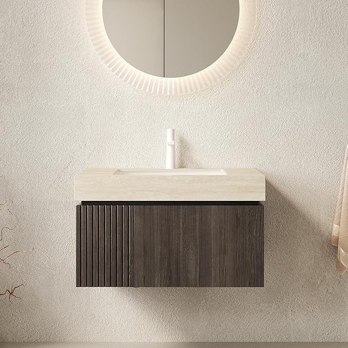 Bathroom Vanity with Sink 30 Inch, Floating Bathroom Vanity Sink Cabinet with Drawer and Door, Undermount Sink & Travertine-Pattern Sintered Stone Top, Pre-Assembled,Espresso