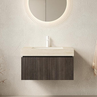 Bathroom Vanity with Sink 30 Inch, Floating Bathroom Vanity Sink Cabinet with Drawer and Door, Undermount Sink & Travertine-Pattern Sintered Stone Top, Pre-Assembled,Espresso