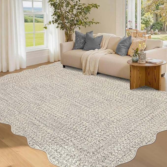 Imitation Braided Collection-Print Living Room Rug 5x7 Washable Rug for Bedroom Scalloped Non Slip Small Soft Throw Rugs Low Pile Stain Resistant Carpet for Entryway Office Nursery Dining Room