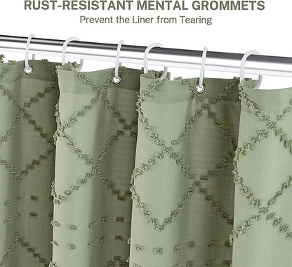Sage Green Boho Shower Curtain, 60 x 72 Tufted Chevron Textured Striped Modern Farmhouse Minimalist Cloth Shower Curtain for Bathroom