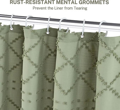 Siiluminisoy Sage Green Boho Shower Curtain, 60 x 72 Tufted Chevron Textured Striped Modern Farmhouse Minimalist Cloth Shower Curtain for Bathroom