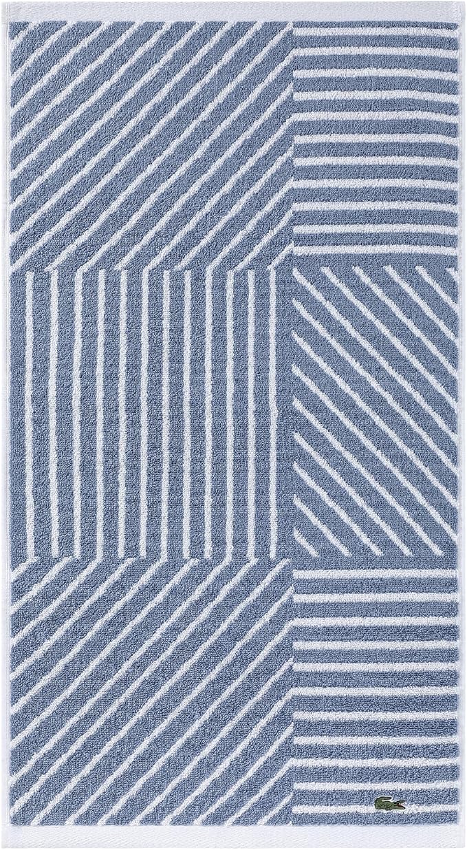 Lacoste Guethary Striped Towel – 100% Cotton, Reversible Modern Geometric Design, Soft & Absorbent, Durable & Lightweight, Machine Washable – Denim, 16"x30" Hand Towel