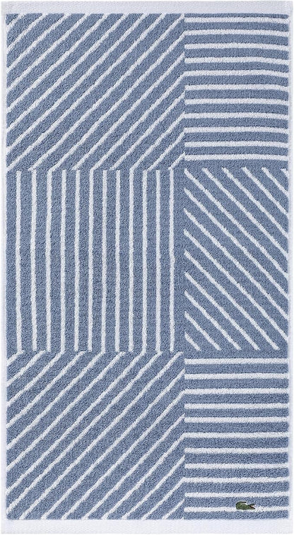 Lacoste Guethary Striped Towel – 100% Cotton, Reversible Modern Geometric Design, Soft & Absorbent, Durable & Lightweight, Machine Washable – Denim, 16"x30" Hand Towel