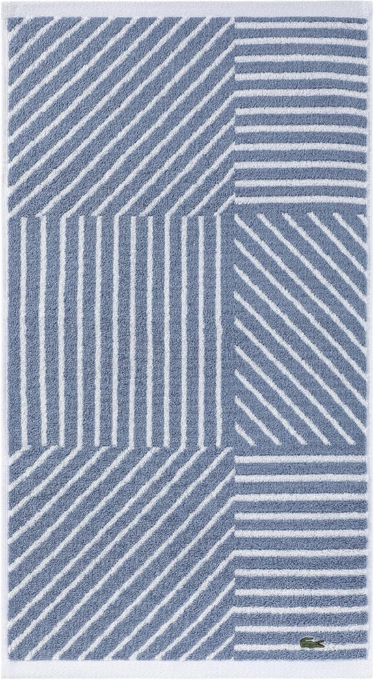 Lacoste Guethary Striped Towel – 100% Cotton, Reversible Modern Geometric Design, Soft & Absorbent, Durable & Lightweight, Machine Washable – Denim, 16"x30" Hand Towel