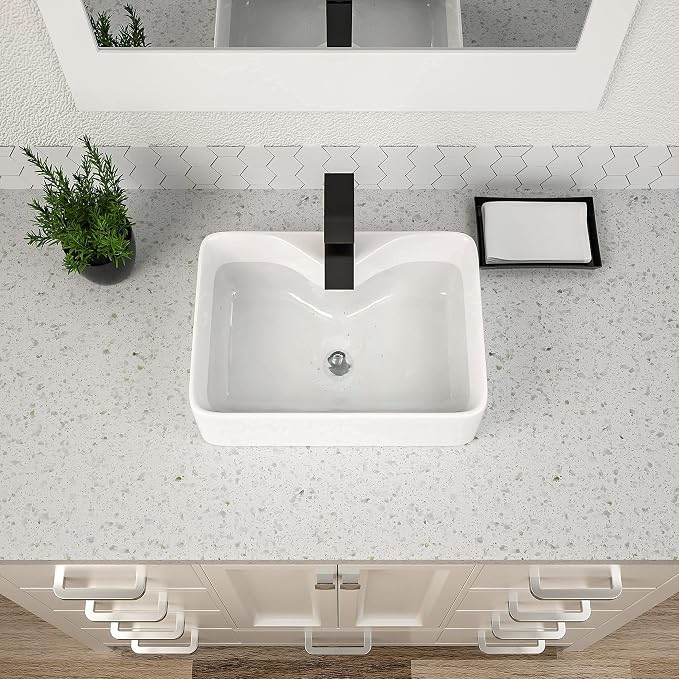 Dcolora Rectangular White Vessel Sink - 19"x15" Ceramic Porcelain Above Counter Vanity Sink Basin
