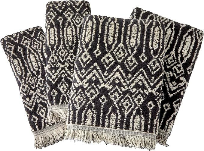 SKL Home Nador Bath Towel Set-4pc, Premium 100% Cotton, Black | 2 Bath towels, 2 hand towels. 600 GSM. Spa-level quality. Soft & absorbent. Reversible jacquard pattern with fringed hem.