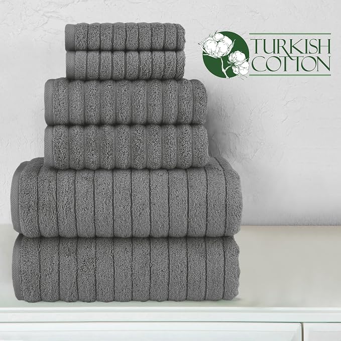 Elegant Comfort 100% Turkish Cotton Corduroy Ribbed Luxury Bath Towels 6-Piece Set, Premium Feel - Quick Dry, Highly Absorbent, Contains 2 Bath Towels, 2 Hand Towels, and 2 Washcloths, Gray