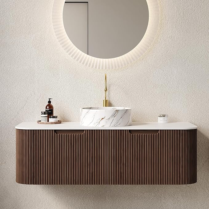 Yayzy 48” Floating Vanity with Sink, Solid Wood Fluted Cabinet, Faux Marble Top, White Ceramic Basin, Soft-Close Drawer, Pre-Assembled, Walnut Woodgrain