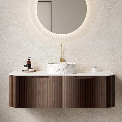 Yayzy 48” Floating Vanity with Sink, Solid Wood Fluted Cabinet, Faux Marble Top, White Ceramic Basin, Soft-Close Drawer, Pre-Assembled, Walnut Woodgrain