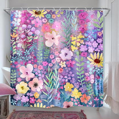 Purple Floral Boho Cute Wildflower Watercolor Bathroom Shower Curtain Set | 72"W x 72"H Leaves Botanical; waterproof HD print, quick-dry fabric with 12 hooks for easy hanging.