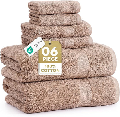 LANE LINEN Bath Towel Set Quick Dry 100% Cotton 6 Piece Soft - Taupe | Cotton Bath Towels - Classic Terry Weave, Densely Woven, Coordinated Colors, Dobby Border Accent, OEKO-TEX Certified
