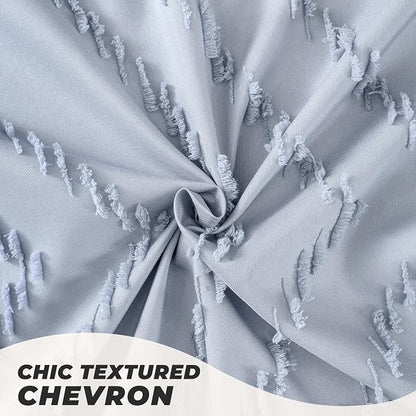 Light Blue Boho Fabric Shower Curtain Tufted Chevron Striped Textured Cloth Curtains for Bathroom, Fog Blue