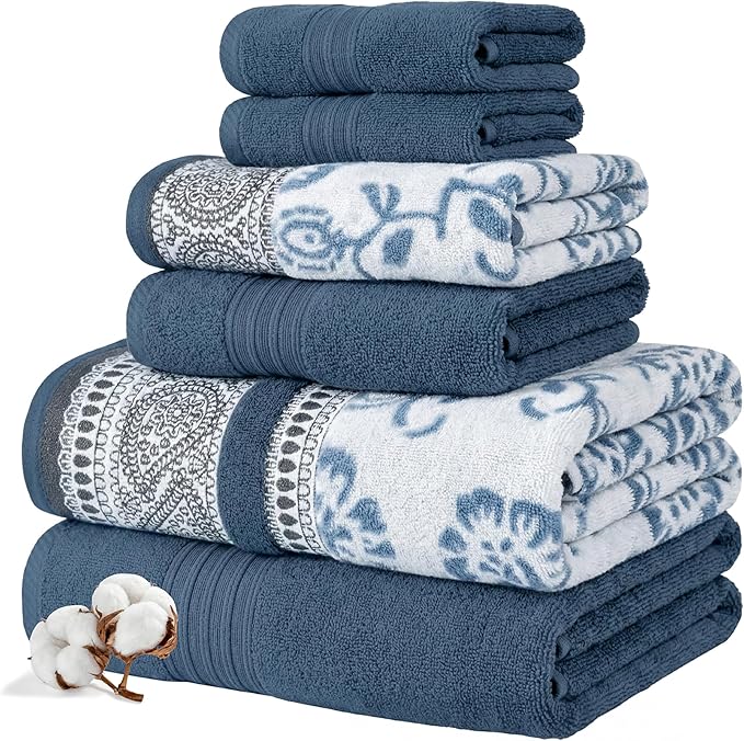 Modern Threads Floral Trail 6-Piece 100% Cotton Towel Set – Reversible Yarn Dyed Jacquard – Includes 2 Bath Towels, 2 Hand Towels, 2 Washcloths – Absorbent, Quick Dry, Soft & Durable – Navy