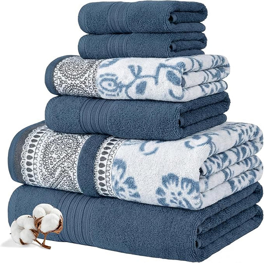 Modern Threads Floral Trail 6-Piece 100% Cotton Towel Set – Reversible Yarn Dyed Jacquard – Includes 2 Bath Towels, 2 Hand Towels, 2 Washcloths – Absorbent, Quick Dry, Soft & Durable – Navy