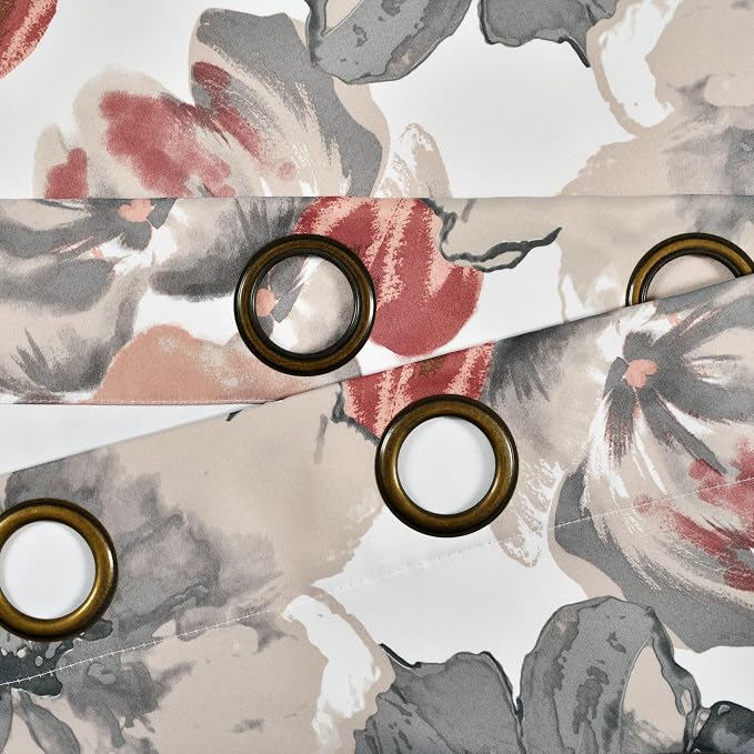 Lush Decor Leah Light Filtering Window Curtain Panels, Pair, 52" W x 84" L, Coral & Gray - Floral Drapes for Bedroom - Coral Curtains - Farmhouse Decor