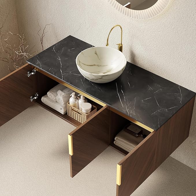 48 Inch Bathroom Vanity with Single Sink, Floating Vanity with Vessel Sink, Modern Bathroom Vanity Cabinet with 3 Doors, Sintered Stone Countertop and White Bowl Basin,Brown Oak