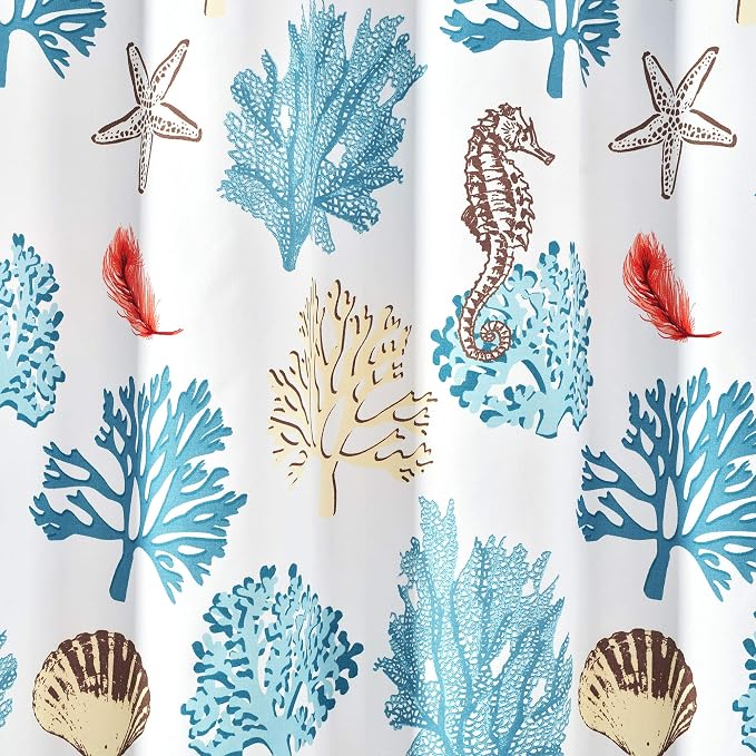 Lush Decor Coastal Reef Feather Shower Curtain, 72" W x 72" L, Blue & Coral - Coastal Shower Curtain - Fabric Curtains - Ocean Bathroom Decor - Beach House - Beachy Room