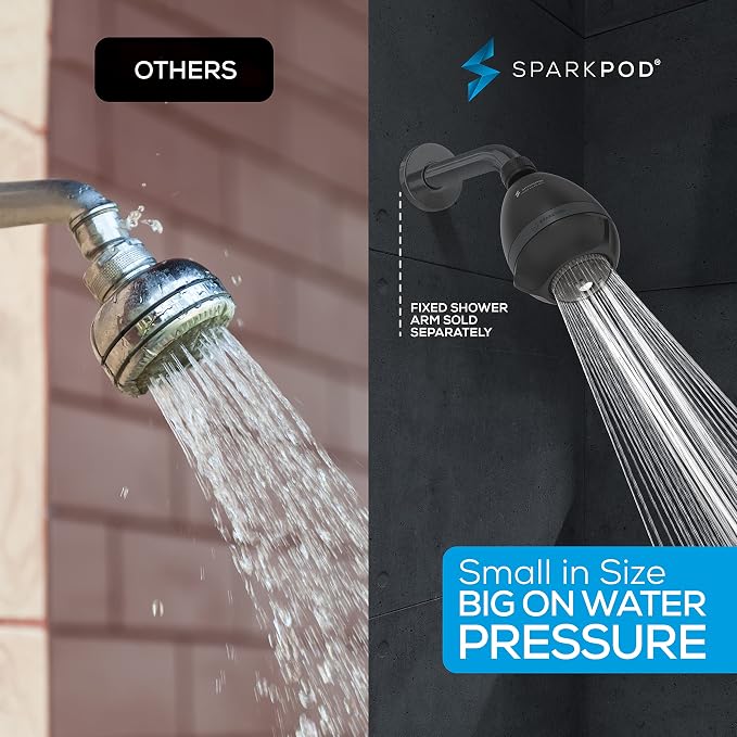 SparkPod High Pressure Shower Head, 3 Inch Fixed Showerhead, Black Matte | Rain, Pulsating & Combo Modes, Helps Boosts Low Water Pressure, Anti-Clog Nozzles, Easy Install