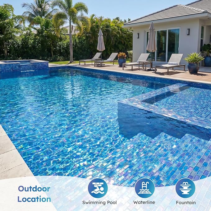 Pool Glass Mosaic Tiles, Iridescent Blue, 1x2 Inch Brick, 5 Sheets | Glass Linear Tile for Swimming Pool, Kitchen Backsplash, Shower, Bathroom Wall, Waterline, Fountain