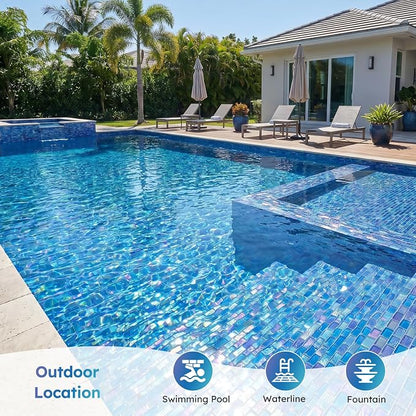 Pool Glass Mosaic Tiles, Iridescent Blue, 1x2 Inch Brick, 5 Sheets | Glass Linear Tile for Swimming Pool, Kitchen Backsplash, Shower, Bathroom Wall, Waterline, Fountain
