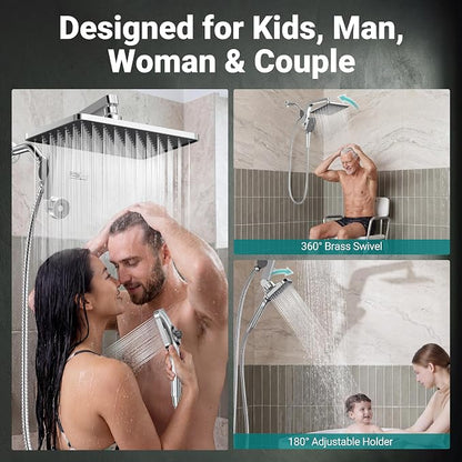 12" XXL Rainfall Shower Head with Handheld Combo, Chrome Polished | High Pressure, Magnetic Docking, Air-Infusion Tech, Anti-Leak One-Piece Design, Dual Square Showerhead