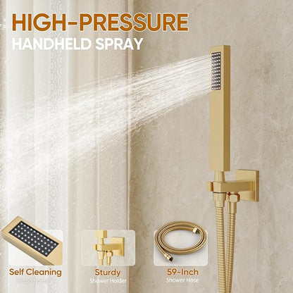 Gold Tub Shower System with 12" Rain Head, Handheld & Valve Kit | All-Metal Tub Shower Faucet Set, Wall Mounted Rain Showerhead, Handheld Spray, Includes Valve and Trim Kit, Brushed Gold