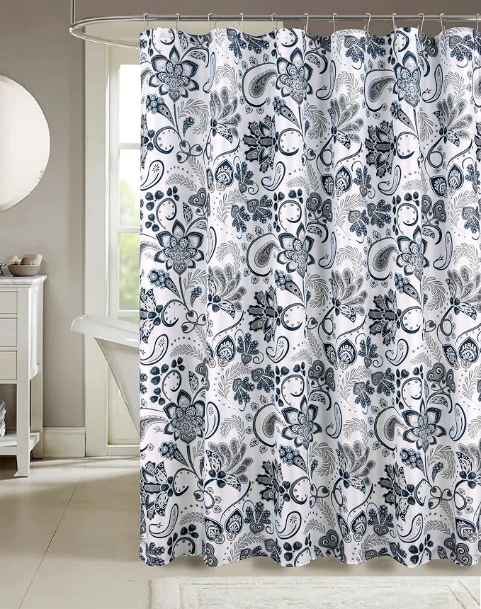 Hotel Quality Navy Gray Grey Fabric Bathroom Shower Curtain: Paisley Floral Leaf Damask Design on White (72 x 70 inches)
