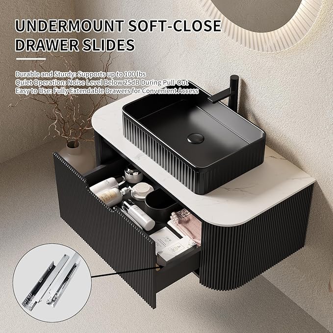 Yayzy 36" Floating Bathroom Vanity with Sink, Solid Wood Fluted Cabinet, Black Fluted Square Ceramic Basin & Faux Marble Top, Soft-Close Drawer, Pre-Assembled, Gloss Black