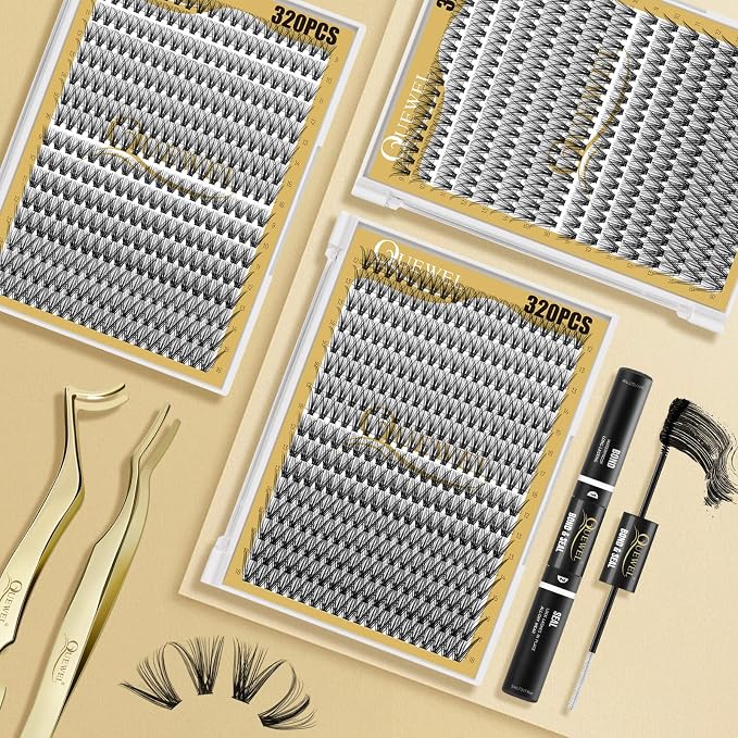 QUEWEL Lash Clusters 320Pcs 30D+40D D Curl Lash Cluster Eyelash Extensions | Cluster Lashes Mix9-16mm Individual Eyelashes Clusters Wispy Lash Clusters Thin Band Soft to Use at Home(30D+40D D Mix9-16)
