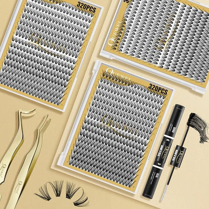 QUEWEL Lash Clusters 320Pcs 30D+40D D Curl Lash Cluster Eyelash Extensions | Cluster Lashes Mix9-16mm Individual Eyelashes Clusters Wispy Lash Clusters Thin Band Soft to Use at Home(30D+40D D Mix9-16)