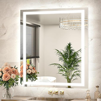 TETOTE LED Bathroom Mirror with Brighter Lights 32 x 36 LED Lighted Vanity Mirror with Frontlit and Backlit, 3-Color Dimmable Illuminated Anti Fog Light up Mirror for Bathroom Wall, Tempered Glass