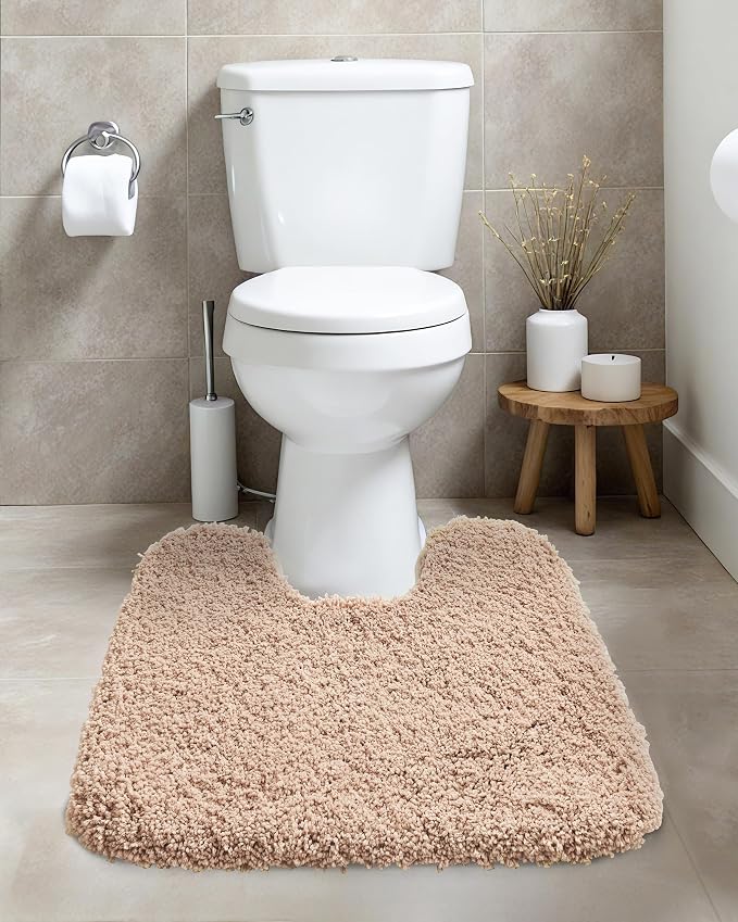 ILANGO Beige Toilet Rugs U Shaped 22" × 24" Non Slip & Super Absorbent Extra Thick Soft, Washable Bath Mats for Bathroom Floor, Plush Shaggy Contour Bath Rugs for Toilet,Dry Quick