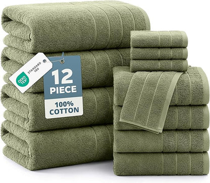 Casa Platino Towel Set for Bathroom 12 Piece Soft Absorbent - Oil Green | Shower Towels - Oversized & Roomy, Lightweight & Breathable, Fade-Resistant Color, Classic Terry Weave, Densely Woven