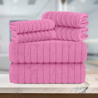 Elegant Comfort 100% Turkish Cotton Corduroy Ribbed Luxury Bath Towels 6-Piece Set, Premium Feel - Quick Dry, Highly Absorbent, Contains 2 Bath Towels, 2 Hand Towels, and 2 Washcloths, Light Pink