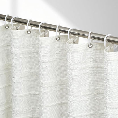 Extra Long Farmhouse White Shower Curtain Boho, 72 x 78 Cotton Blend Tufted Weave Waffle Stripe Textured Heavy Duty, Fabric Shower Curtain for Bathroom, Hotel