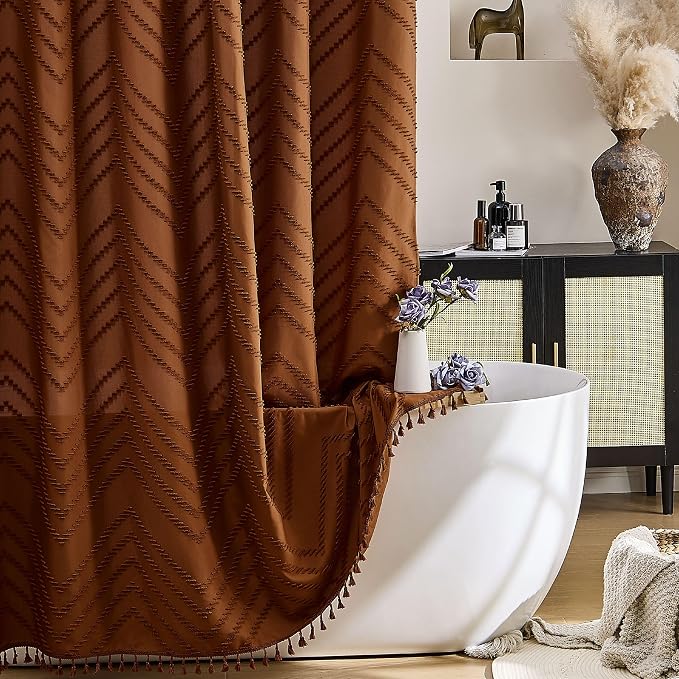 Siiluminisoy Extra Long Shower Curtains Burnt Orange 72 x 84 Inches Tufted Chevron Fabric for Bathroom Vintage Shabby Chic Waterproof Cloth Shower Curtain