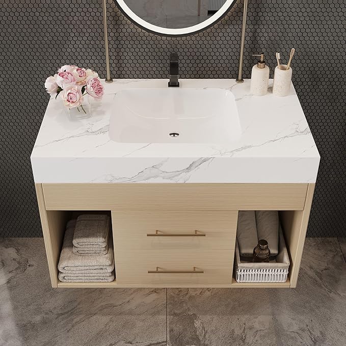 30 inch Modern Floating Bathroom Vanity with Sink, Wall Mounted Bathroom Cabinet with Undermount Ceramic Sink, Sintered Stone Countertop, 2 Soft Closing Drawers & Open Storage Shelf, Natural