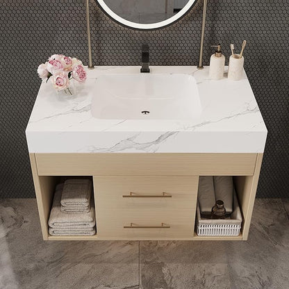 30" Bathroom Vanity with Sink Set, Modern Oak Wall Mounted Bathroom Vanity Cabinet with Sintered Stone Top&Gold Handle 2 Drawers&2 Open Storage, Single Sink Floating Bathroom Vanity