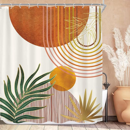 Mid Century Orange Boho Abstract Retro Gold Bathroom Shower Curtain Set | 72Wx84H Arch Geometric design, waterproof HD print with fast-drying fabric and 12 hooks.