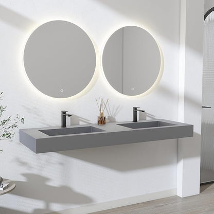 SJ STAR&JANE 59" x 19" Solid Surface Bathroom Double Vessel Sink, Wall Mounted Sink, Stone Resin Countertop With Double Bowl in Light Gray Rectangle Double Floating Vanity Sink Durable Modern Design