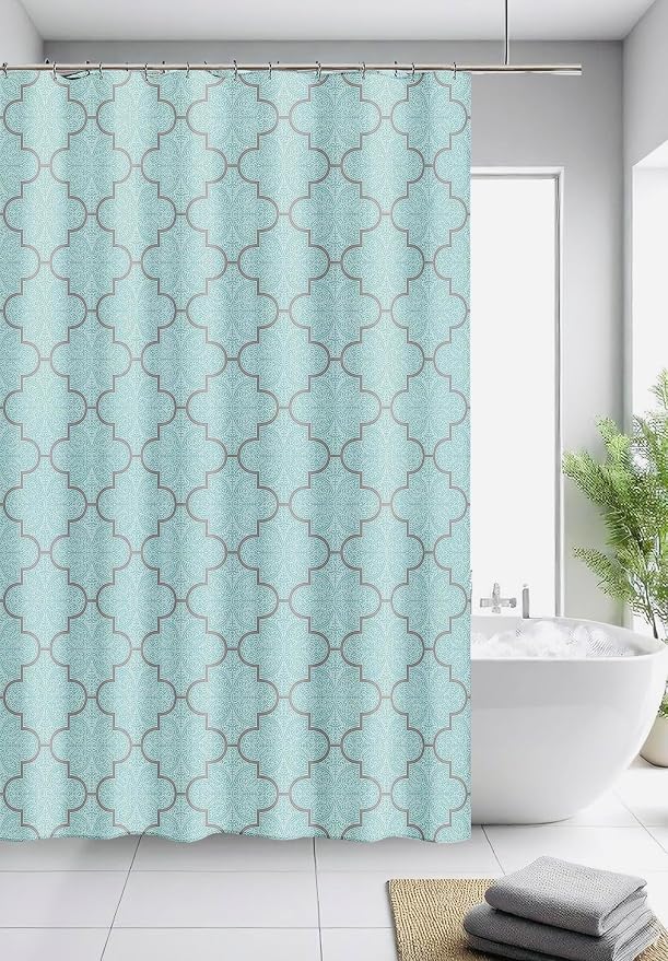 Serafina Home Geometric Aqua Fabric Shower Curtain, Blue Grey Damask Moroccan Design, 70x72 Inch, with 12 Rollerball Hooks