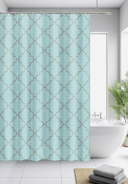 Serafina Home Geometric Aqua Fabric Shower Curtain, Blue Grey Damask Moroccan Design, 70x72 Inch, with 12 Rollerball Hooks