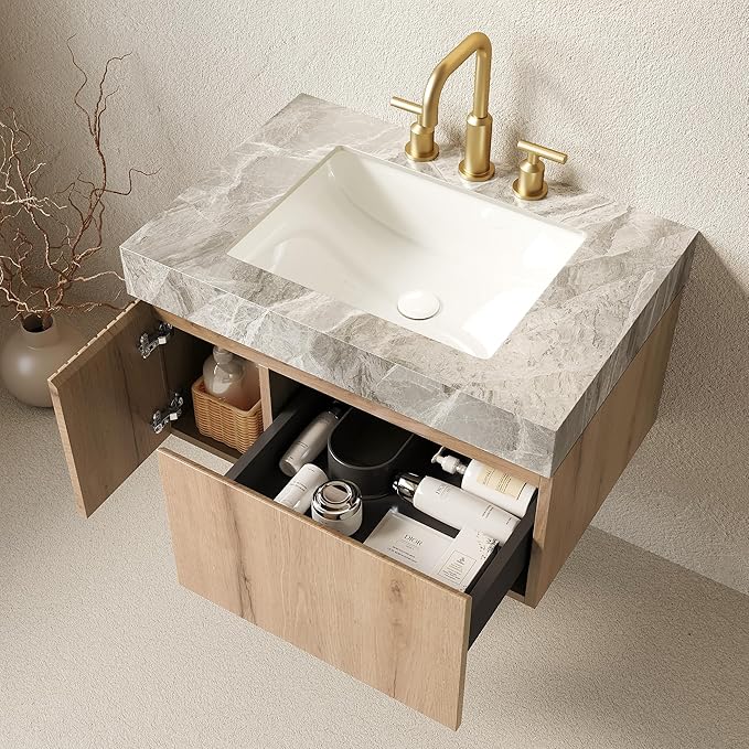 Ambrovina 30" Floating Bathroom Vanity with Sink, Modern Plywood Bathroom Storage Cabinet with Drawer and Door, Gray Sintered Stone Countertop and 3 Pre-drilled Faucet Holes Ceramic Basin, Light Oak