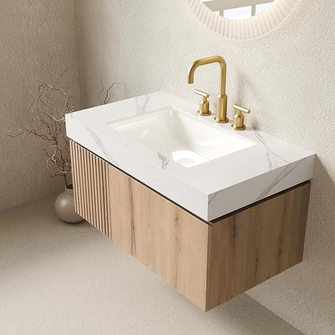 KEIKI 36 Inch Floating Bathroom Vanity with Sink, White Oak & White | Modern Wall Mounted Storage Cabinet w/ Drawer & Door, Pre-assembled Wood Panels, Sintered Stone Top & Ceramic Basin Combo Set